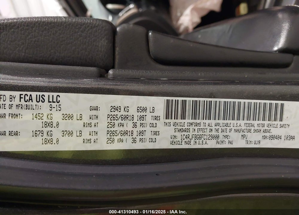 2015 JEEP GRAND CHEROKEE LIMITED VIN: 1C4RJFBG6FC129000