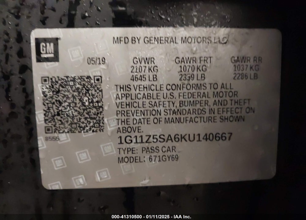 2019 CHEVROLET IMPALA VIN: 1G11Z5SA6KU140667