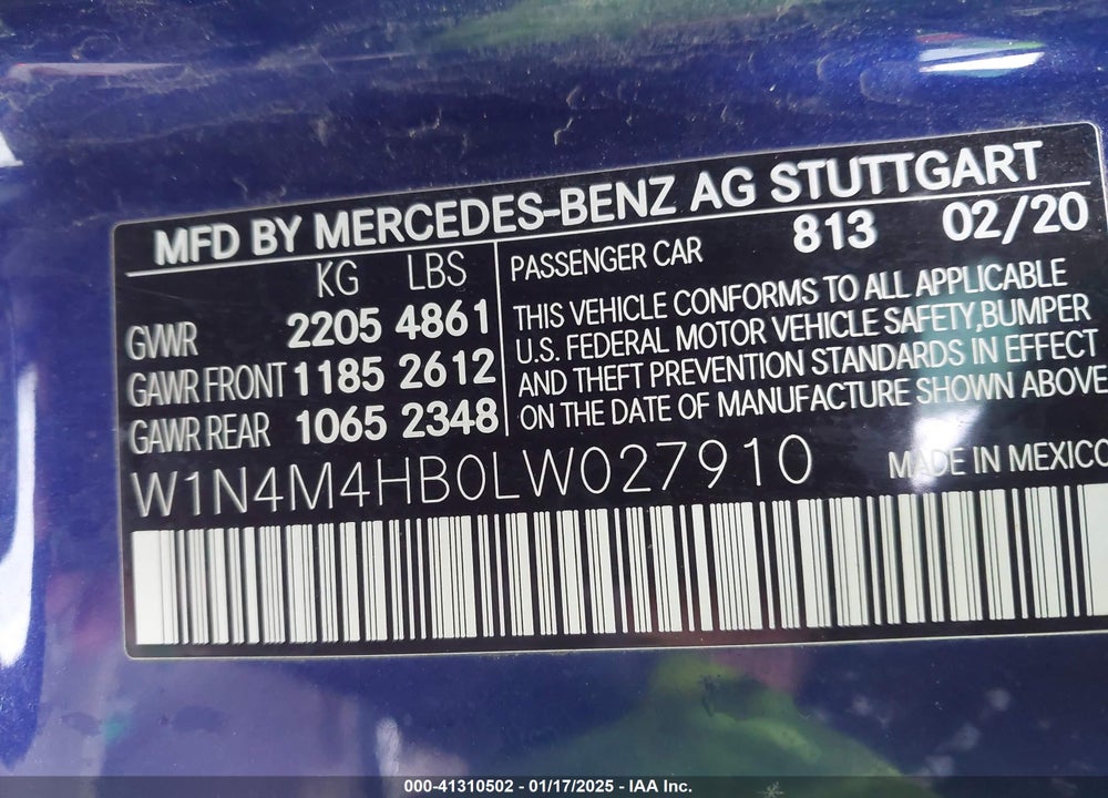 2020 MERCEDES-BENZ GLB VIN: W1N4M4HB0LW027910