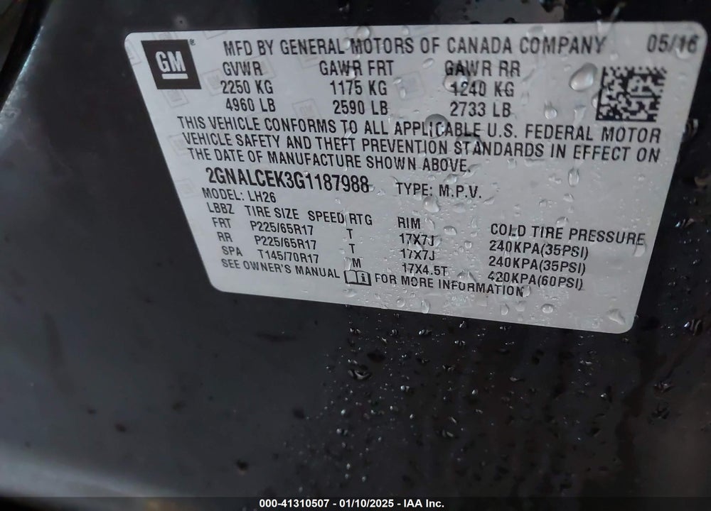 2016 CHEVROLET EQUINOX VIN: 2GNALCEK3G1187988
