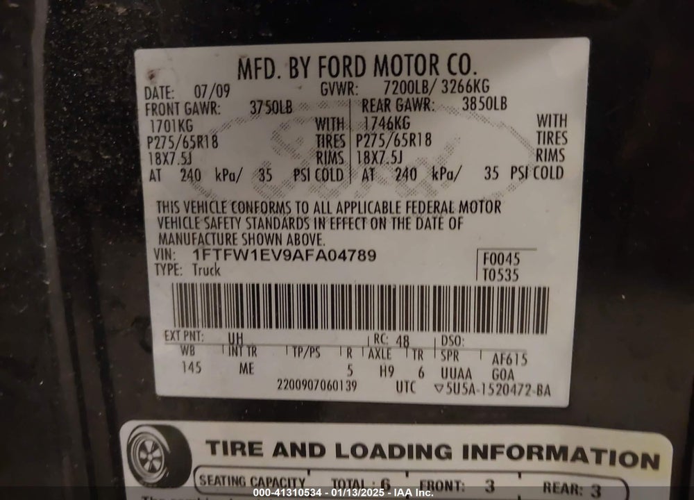 2010 FORD F-150 VIN: 1FTFW1EV9AFA04789