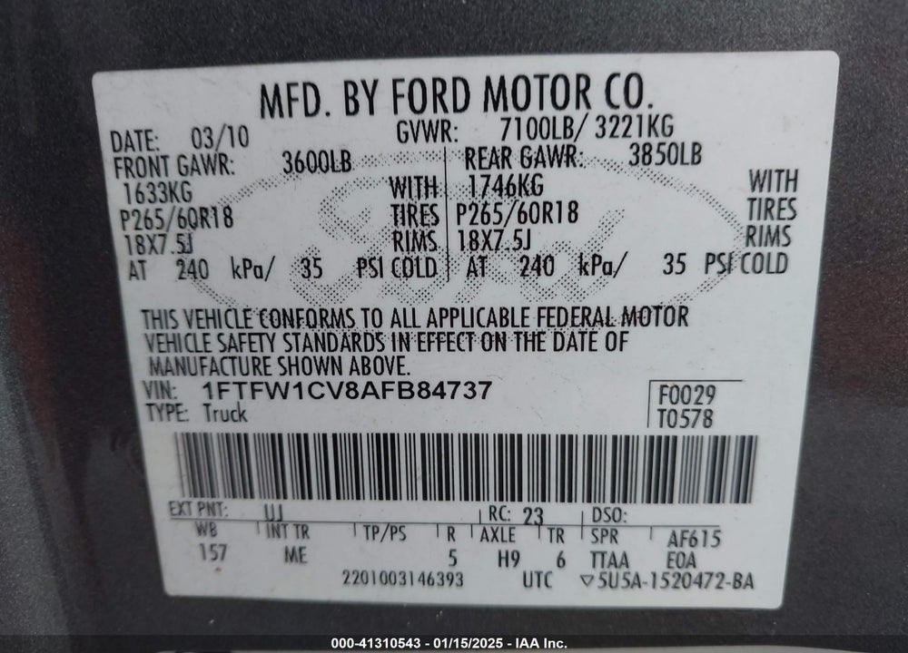 2010 FORD F-150 VIN: 1FTFW1CV8AFB84737