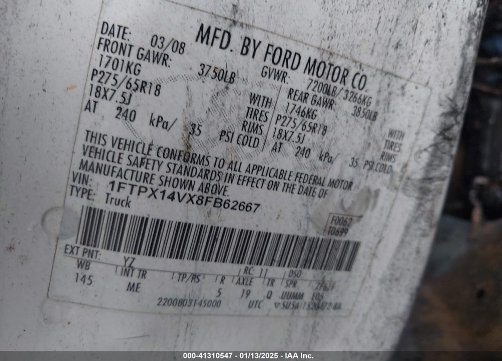 2008 FORD F-150 VIN: 1FTPX14VX8FB62667