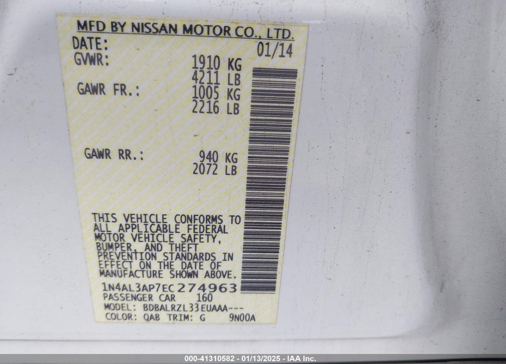 2014 NISSAN ALTIMA 2.5/2.5 S/2.5 SL/2.5 SV VIN: 1N4AL3AP7EC274963