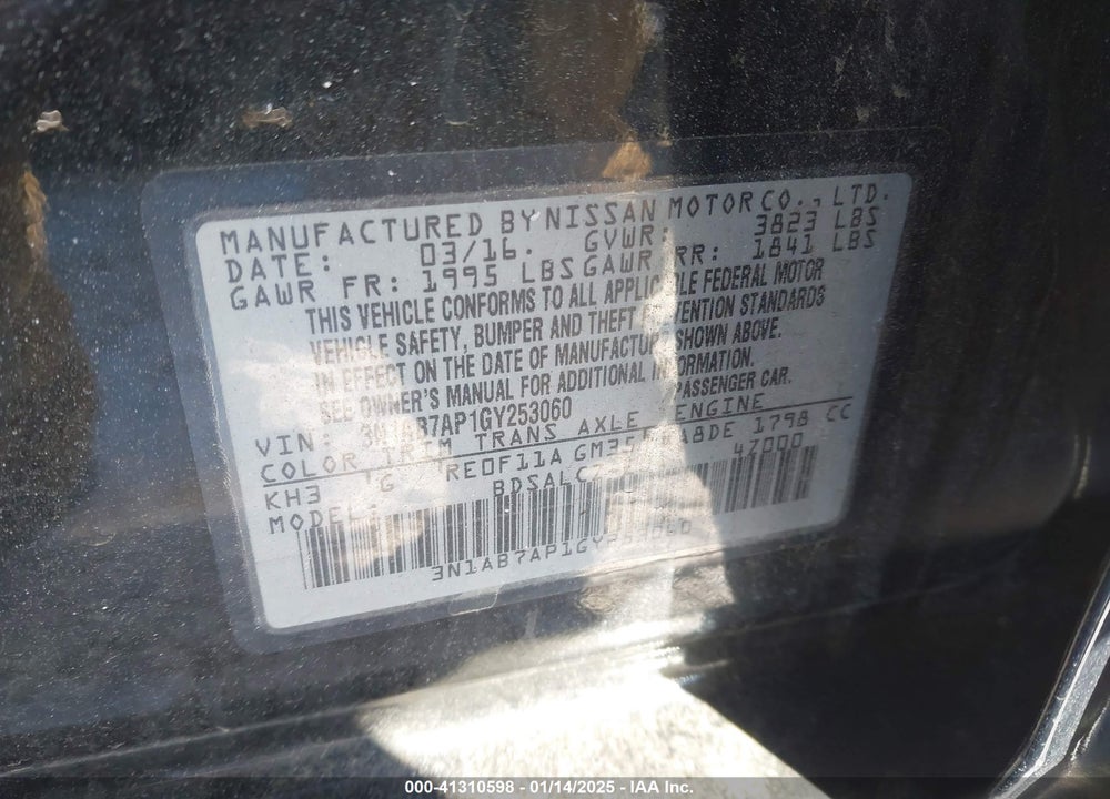 2016 NISSAN SENTRA VIN: 3N1AB7AP1GY253060