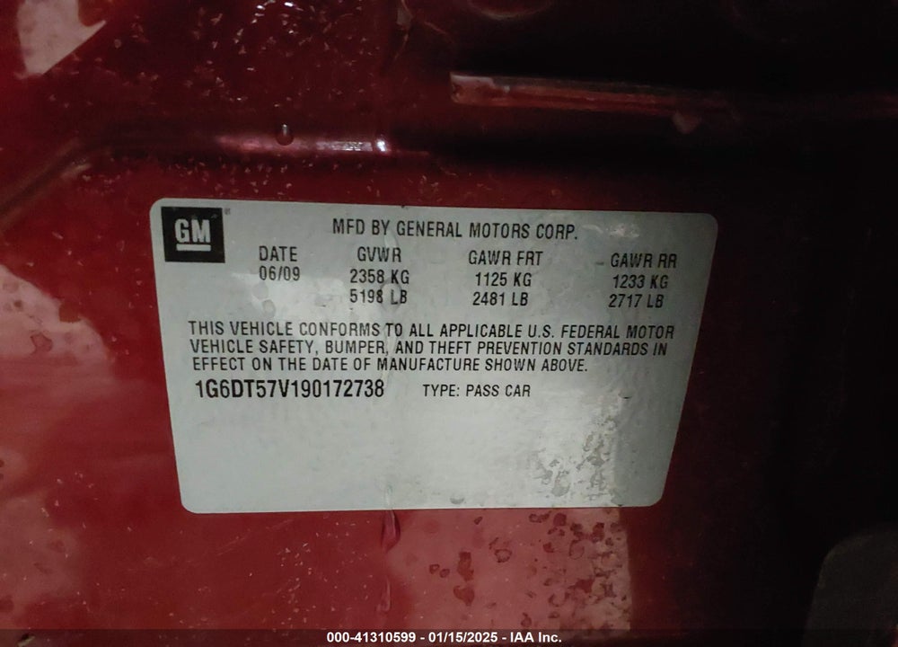 2009 CADILLAC CTS STANDARD VIN: 1G6DT57V190172738