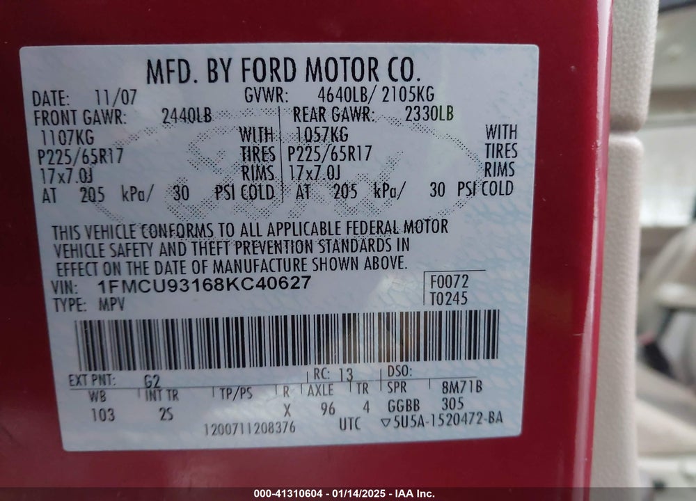 2008 FORD ESCAPE XLT VIN: 1FMCU93168KC40627
