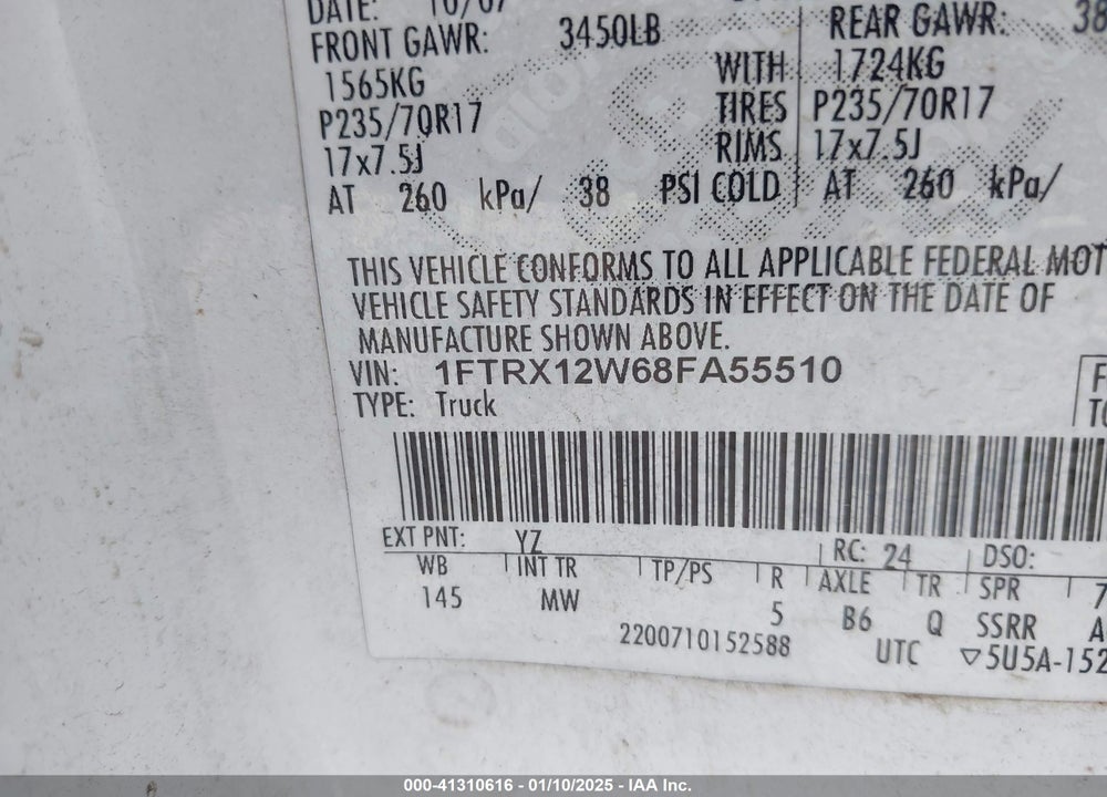 2008 FORD F-150 VIN: 1FTRX12W68FA55510