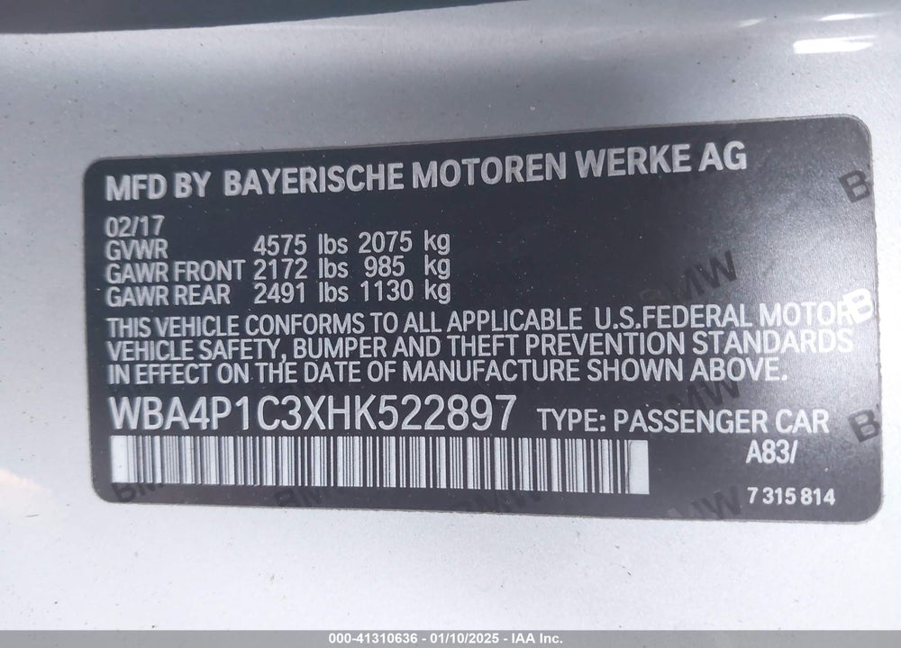 2017 BMW 440I VIN: WBA4P1C3XHK522897