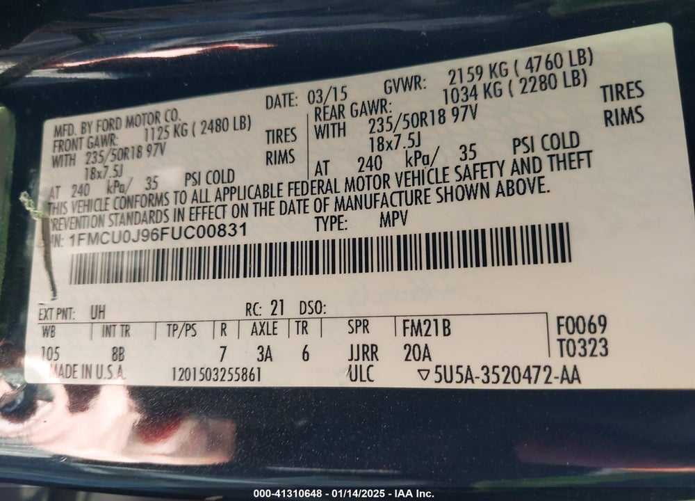 2015 FORD ESCAPE TITANIUM VIN: 1FMCU0J96FUC00831