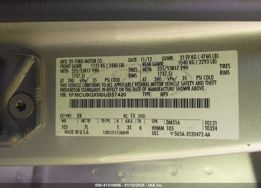 2013 FORD ESCAPE VIN: 1FMCU9GX0DUB57420