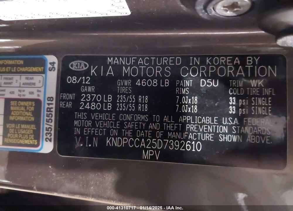 2013 KIA SPORTAGE VIN: KNDPCCA25D7392610