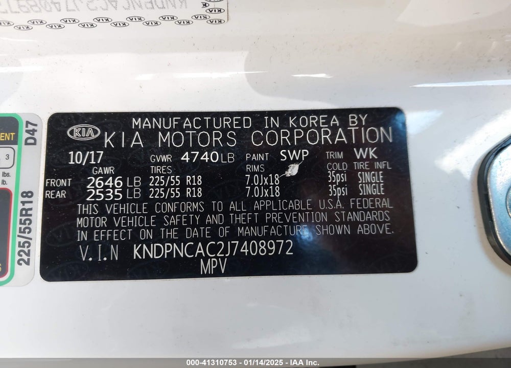 2018 KIA SPORTAGE VIN: KNDPNCAC2J7408972