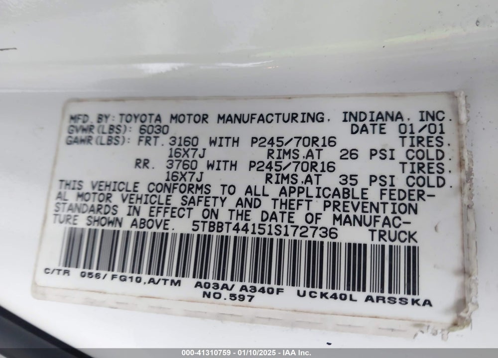 2001 TOYOTA TUNDRA VIN: 5TBBT44151S172736
