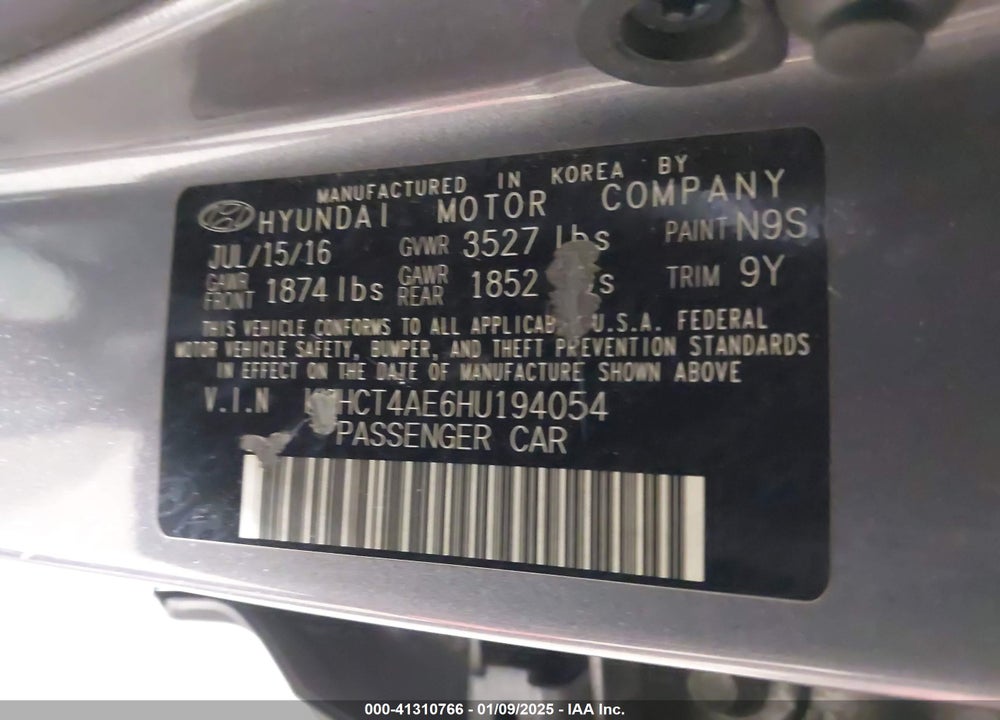 2017 HYUNDAI ACCENT VIN: KMHCT4AE6HU194054
