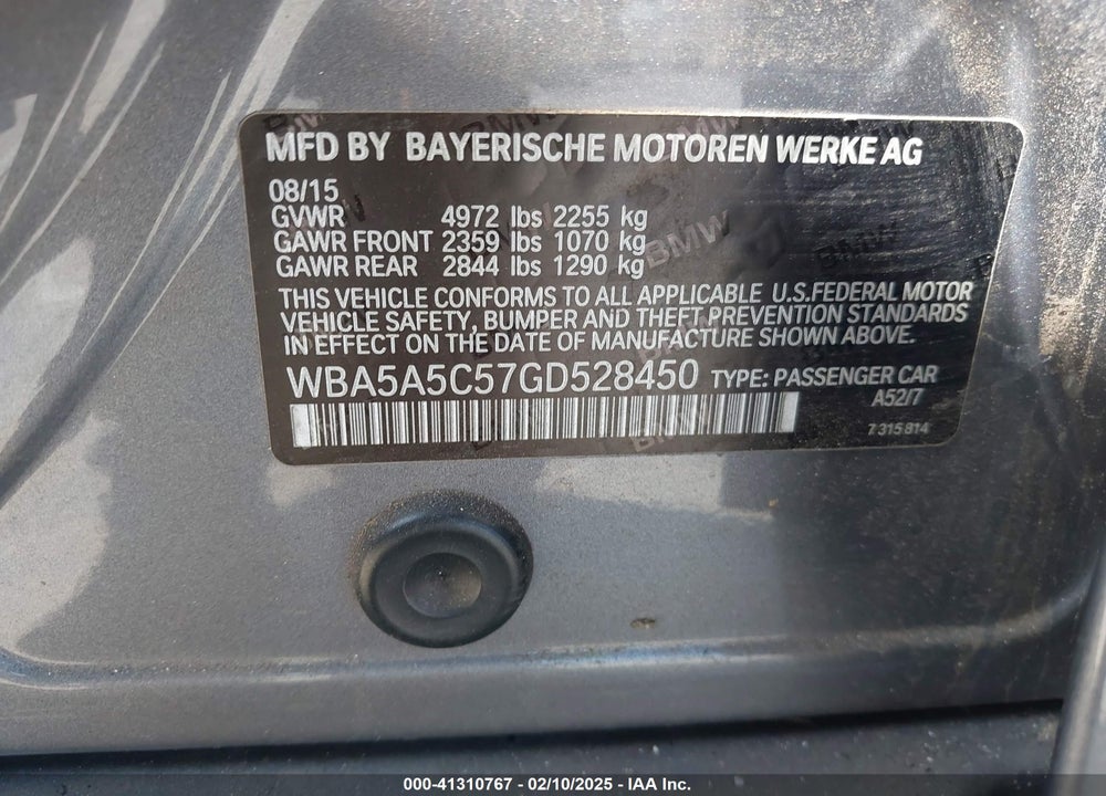 2016 BMW 5 SERIES VIN: WBA5A5C57GD528450