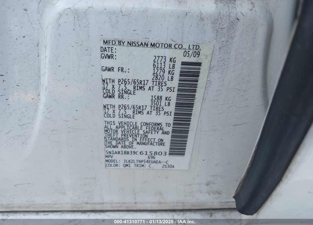 2009 NISSAN PATHFINDER SE VIN: 5N1AR18B39C615803