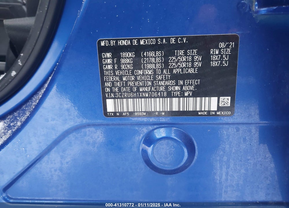 2022 HONDA HR-V VIN: 3CZRU6H1XNM706418