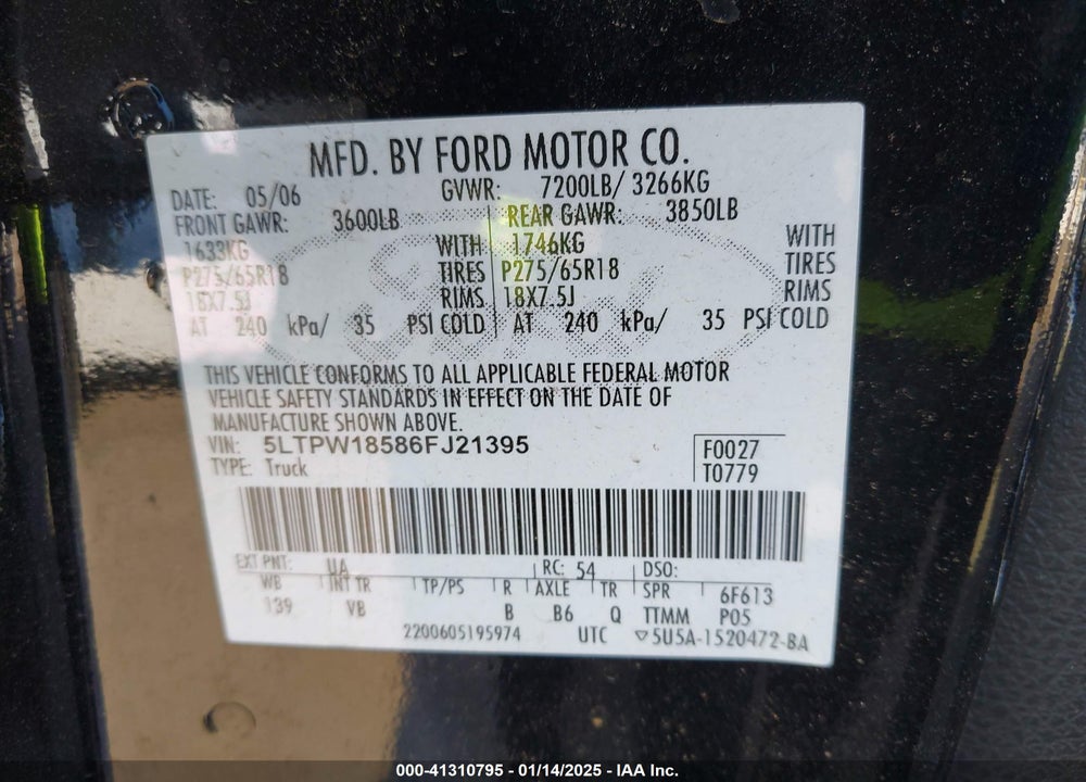 2006 LINCOLN MARK LT VIN: 5LTPW18586FJ21395