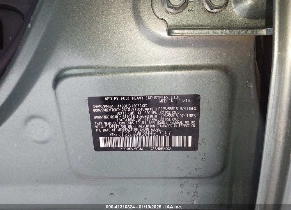 2017 SUBARU FORESTER 2.5I TOURING VIN: JF2SJAWC8HH507157