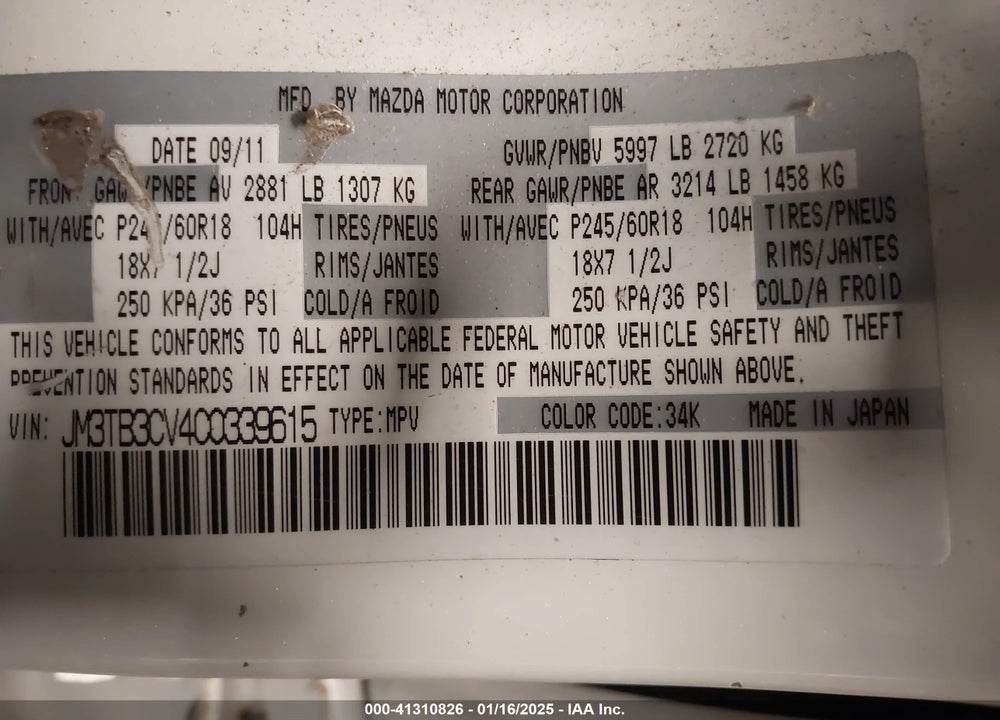 2012 MAZDA CX-9 VIN: JM3TB3CV4C0339615