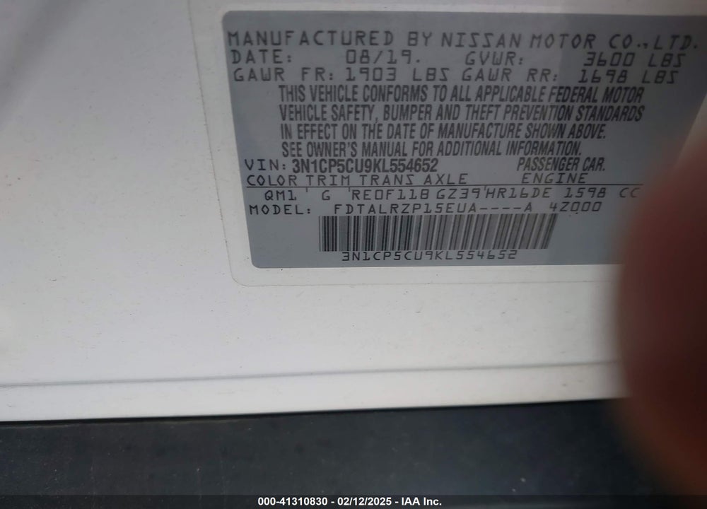 2019 NISSAN KICKS VIN: 3N1CP5CU9KL554652