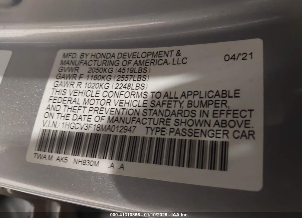2021 HONDA ACCORD HYBRID VIN: 1HGCV3F18MA012947