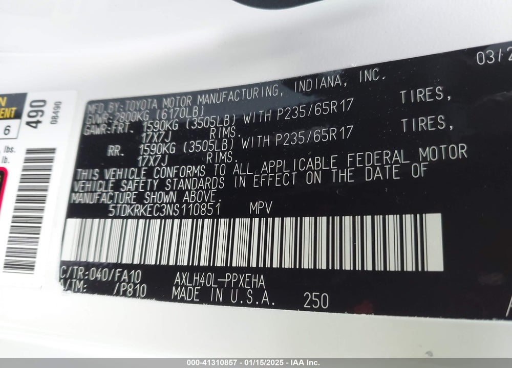 2022 TOYOTA SIENNA LE VIN: 5TDKRKEC3NS110851