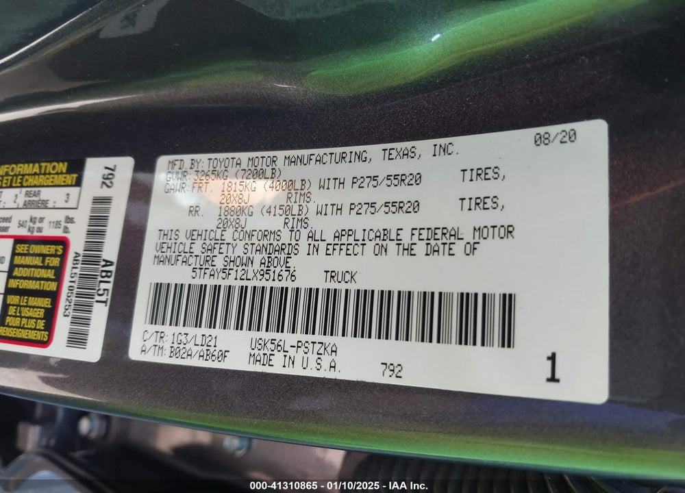2020 TOYOTA TUNDRA 4WD VIN: 5TFAY5F12LX951676