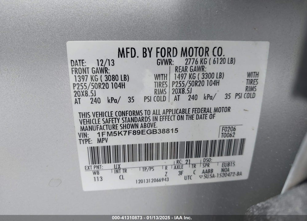 2014 FORD EXPLORER VIN: 1FM5K7F89EGB38815