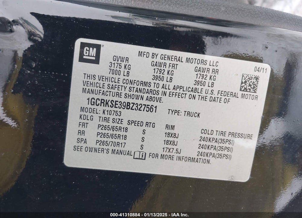 2011 CHEVROLET SILVERADO 1500 VIN: 1GCRKSE39BZ327561