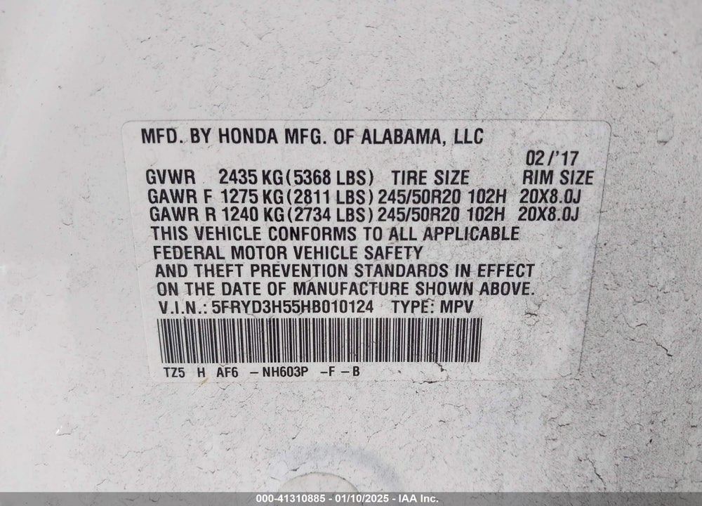 2017 ACURA MDX VIN: 5FRYD3H55HB010124