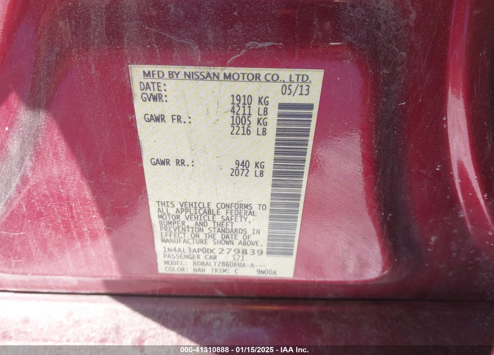 2013 NISSAN ALTIMA VIN: 1N4AL3AP0DC279839