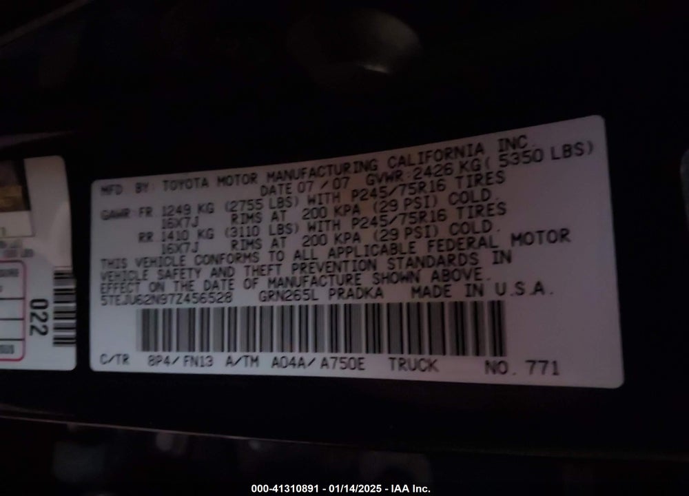 2007 TOYOTA TACOMA VIN: 5TEJU62N97Z456528