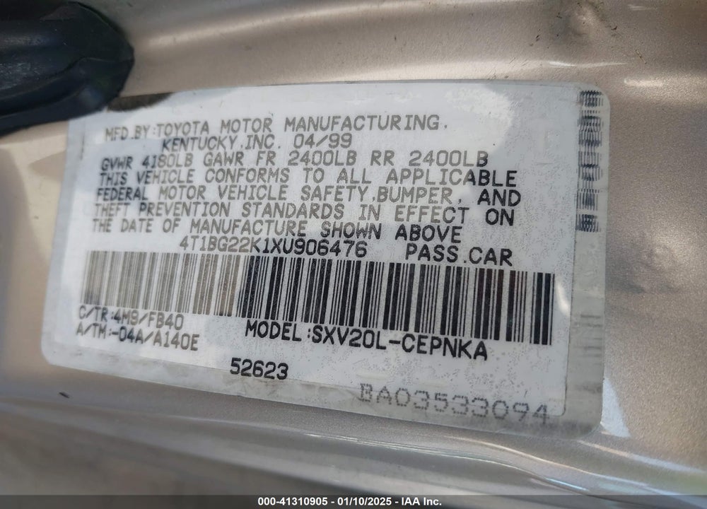 1999 TOYOTA CAMRY VIN: 4T1BG22K1XU906476