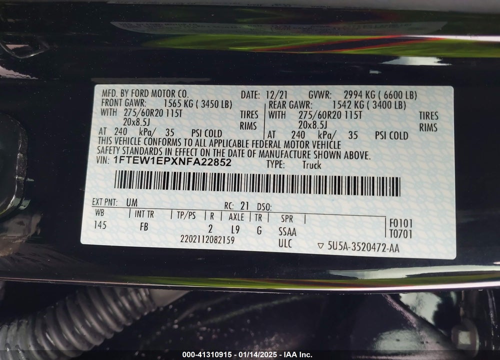 2022 FORD F-150 VIN: 1FTEW1EPXNFA22852