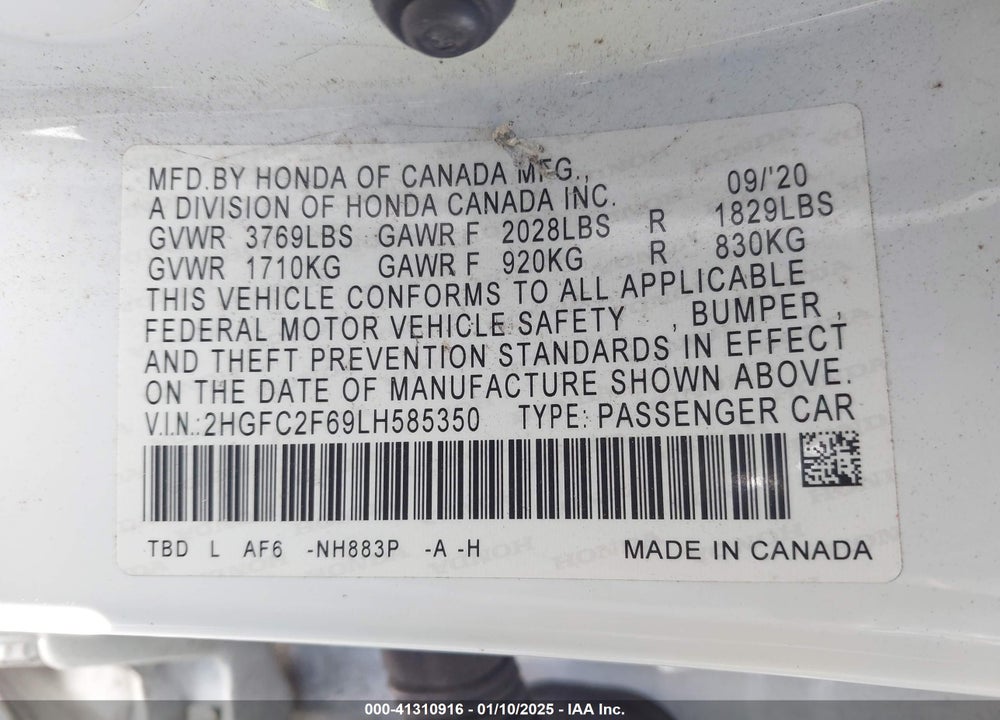 2020 HONDA CIVIC VIN: 2HGFC2F69LH585350