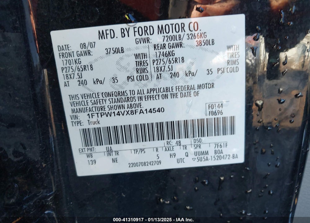 2008 FORD F-150 VIN: 1FTPW14VX8FA14540