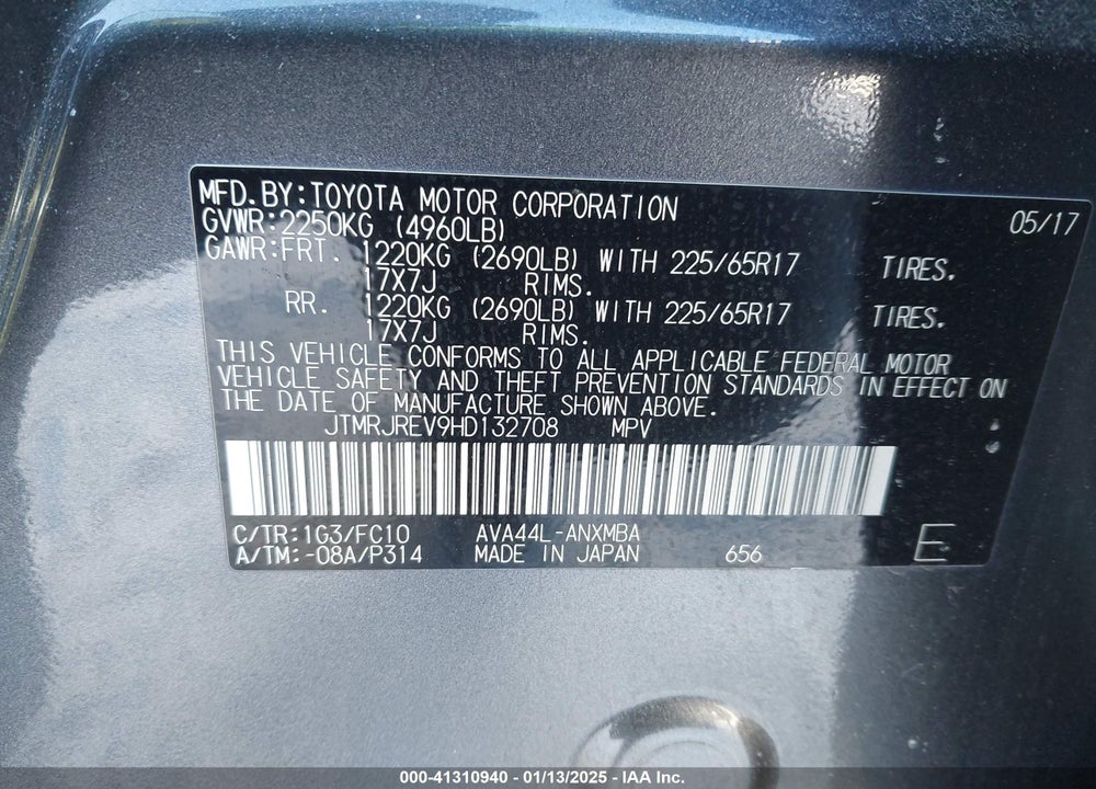 2017 TOYOTA RAV4 HV VIN: JTMRJREV9HD132708