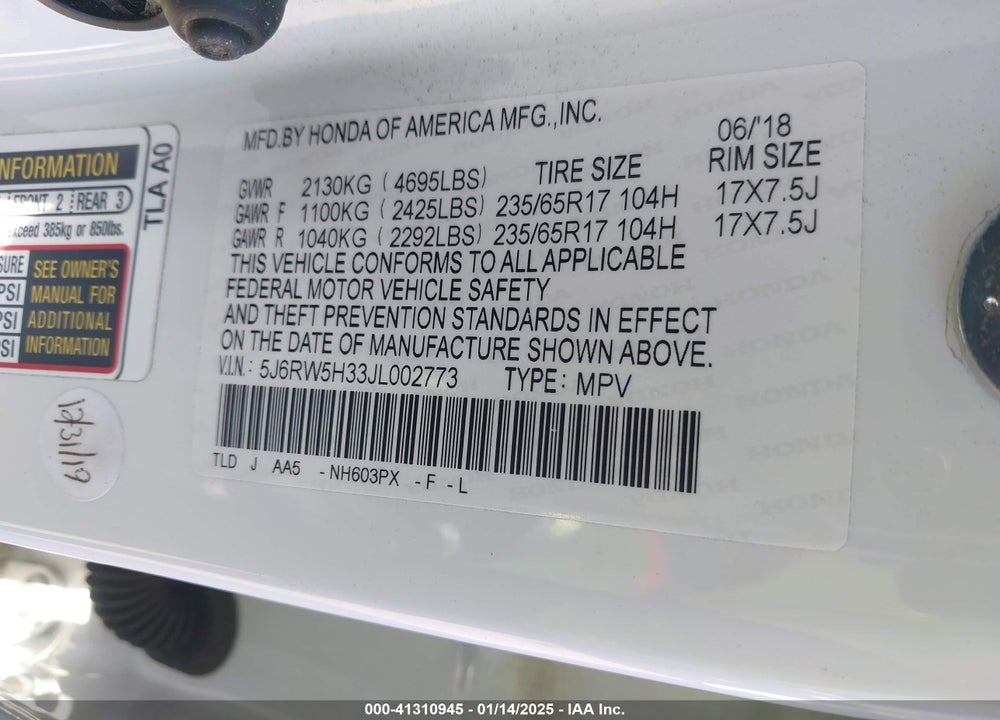 2018 HONDA CR-V VIN: 5J6RW5H33JL002773