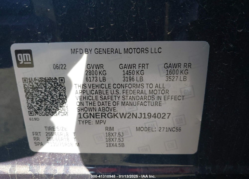 2022 CHEVROLET TRAVERSE FWD LT CLOTH VIN: 1GNERGKW2NJ194027