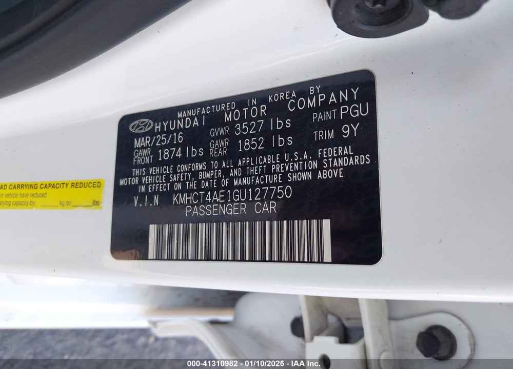 2016 HYUNDAI ACCENT VIN: KMHCT4AE1GU127750