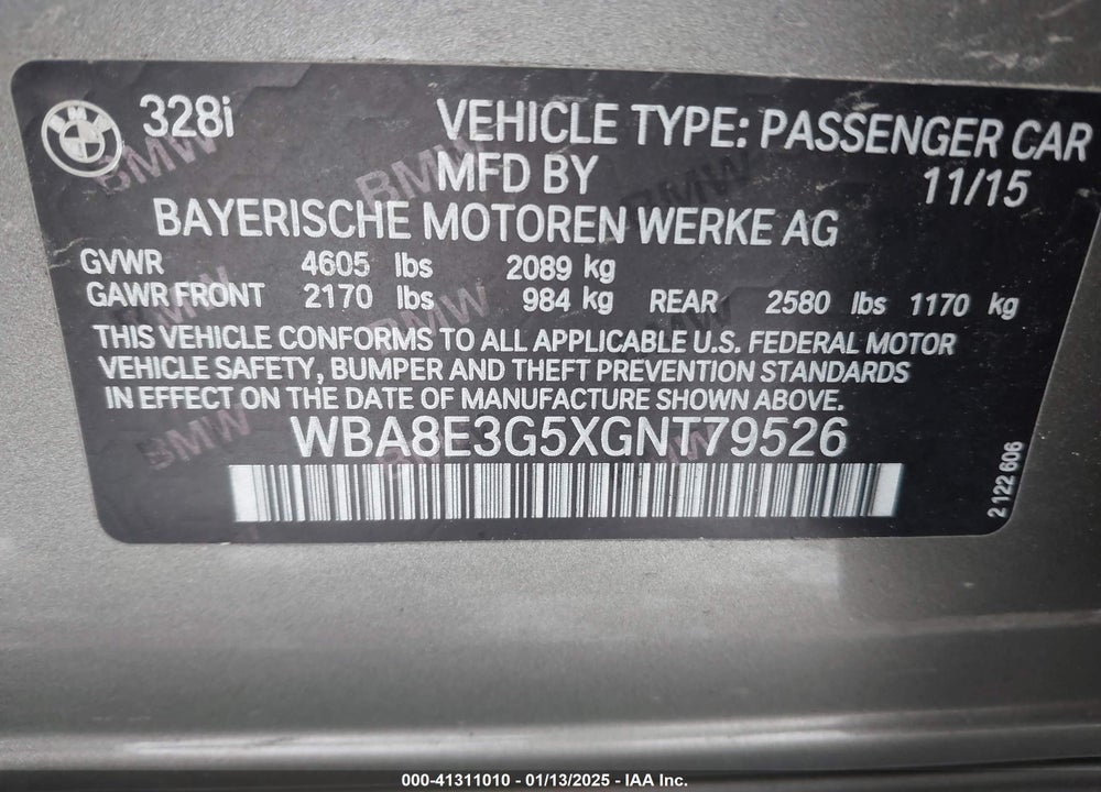 2016 BMW 3 SERIES VIN: WBA8E3G5XGNT79526