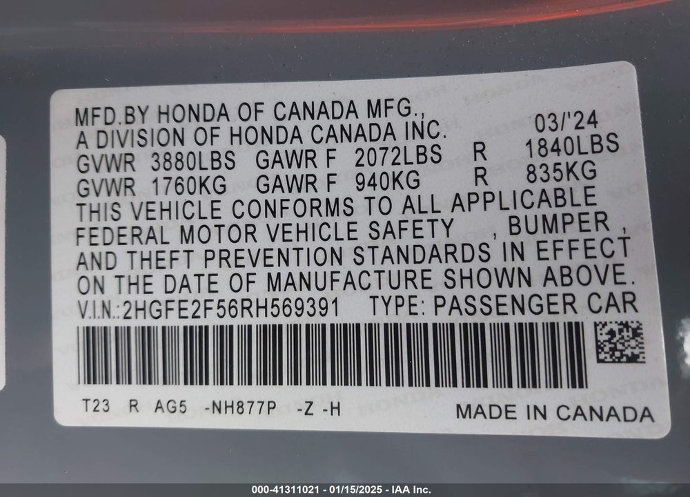 2024 HONDA CIVIC VIN: 2HGFE2F56RH569391