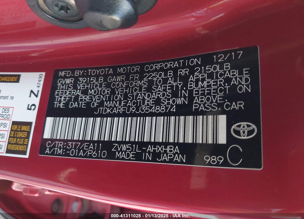 2018 TOYOTA PRIUS VIN: JTDKARFU9J3548874