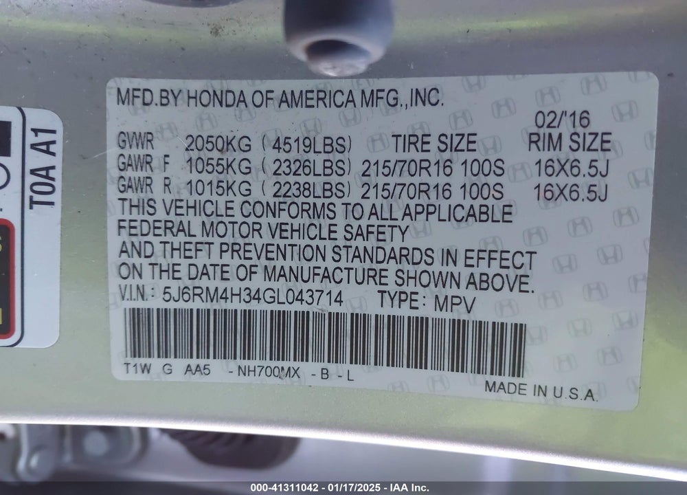 2016 HONDA CR-V LX VIN: 5J6RM4H34GL043714