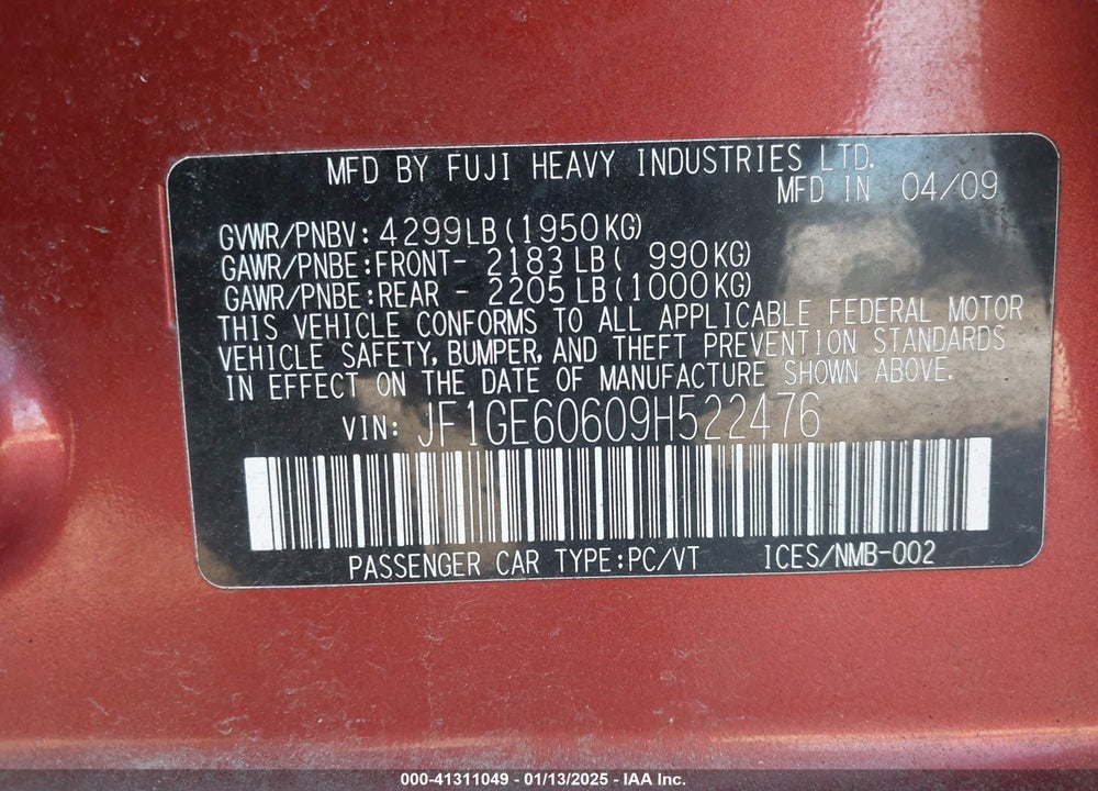 2009 SUBARU IMPREZA VIN: JF1GE60609H522476