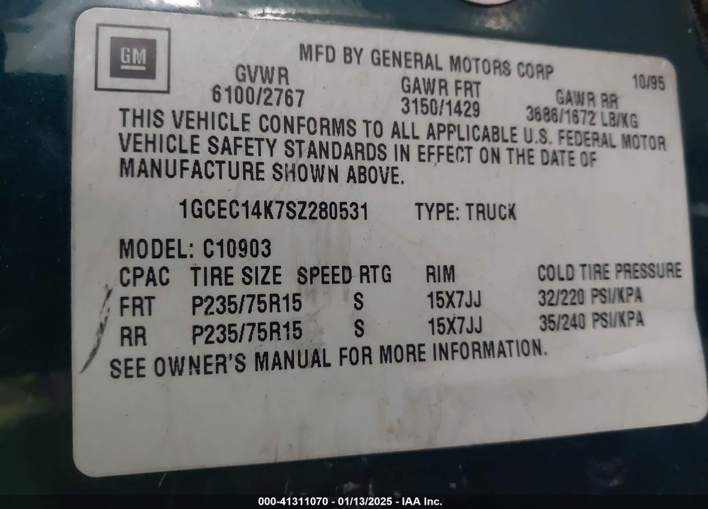 1995 CHEVROLET GMT-400 C1500 VIN: 1GCEC14K7SZ280531