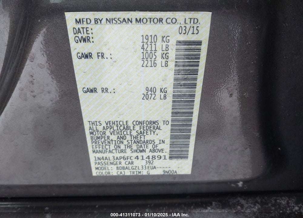 2015 NISSAN ALTIMA VIN: 1N4AL3AP6FC414891