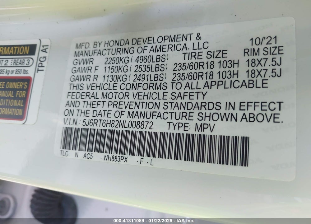 2022 HONDA CR-V HYBRID EX-L VIN: 5J6RT6H82NL008872